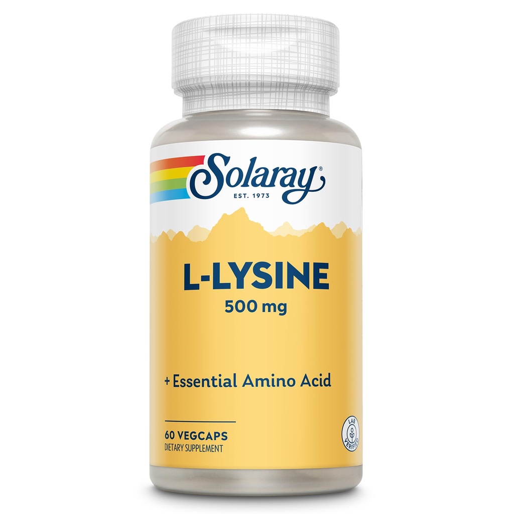 SOLARAY L Lysine 500 mg Capsules - Supplément d'acides aminés essentiels de forme libre - Powerful Wellness Support with L-Lysine Amino Acid - Lab Verified, Garantie de 60 jours, 60 portions, 60 VegCaps