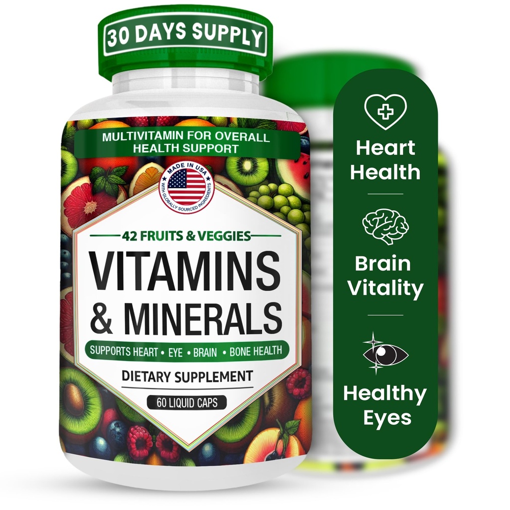 Multivitamines/Minerales Capsules avec Zinc et Premium 42 Fruits et légumes Mélange pour immunosoutien quotidien Multivitamine Capsule Antioxydant Supplément pour système immunitaire 60 Capsules