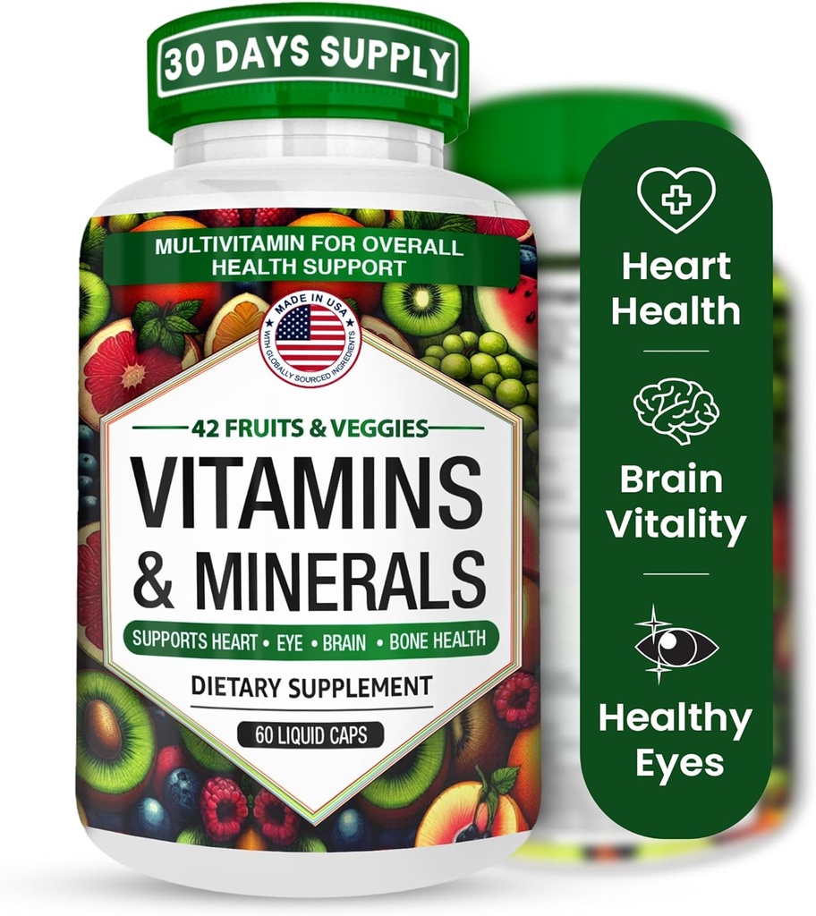 Multivitamines/Minerales Capsules avec Zinc et Premium 42 Fruits et légumes Mélange pour immunosoutien quotidien Multivitamine Capsule Antioxydant Supplément pour système immunitaire 60 Capsules