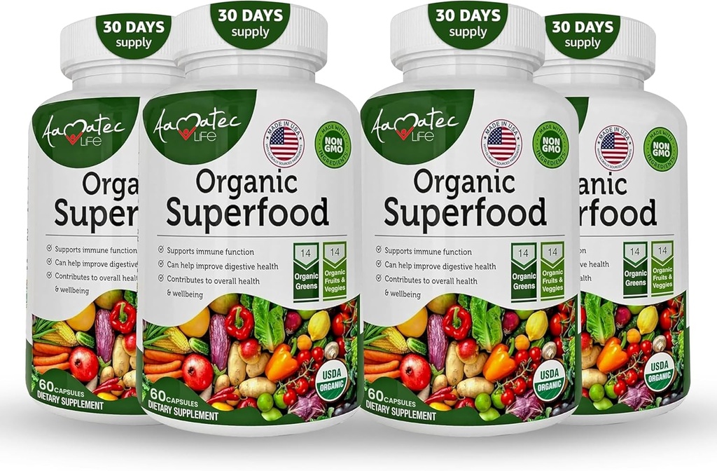 Complexe de fruits et légumes bio Superfood Greens - Meilleur complément alimentaire avec 14 verts et 14 fruits et légumes avec Alfalfa et ingrédients organiques antioxydants Non-OGM 240 capsules
