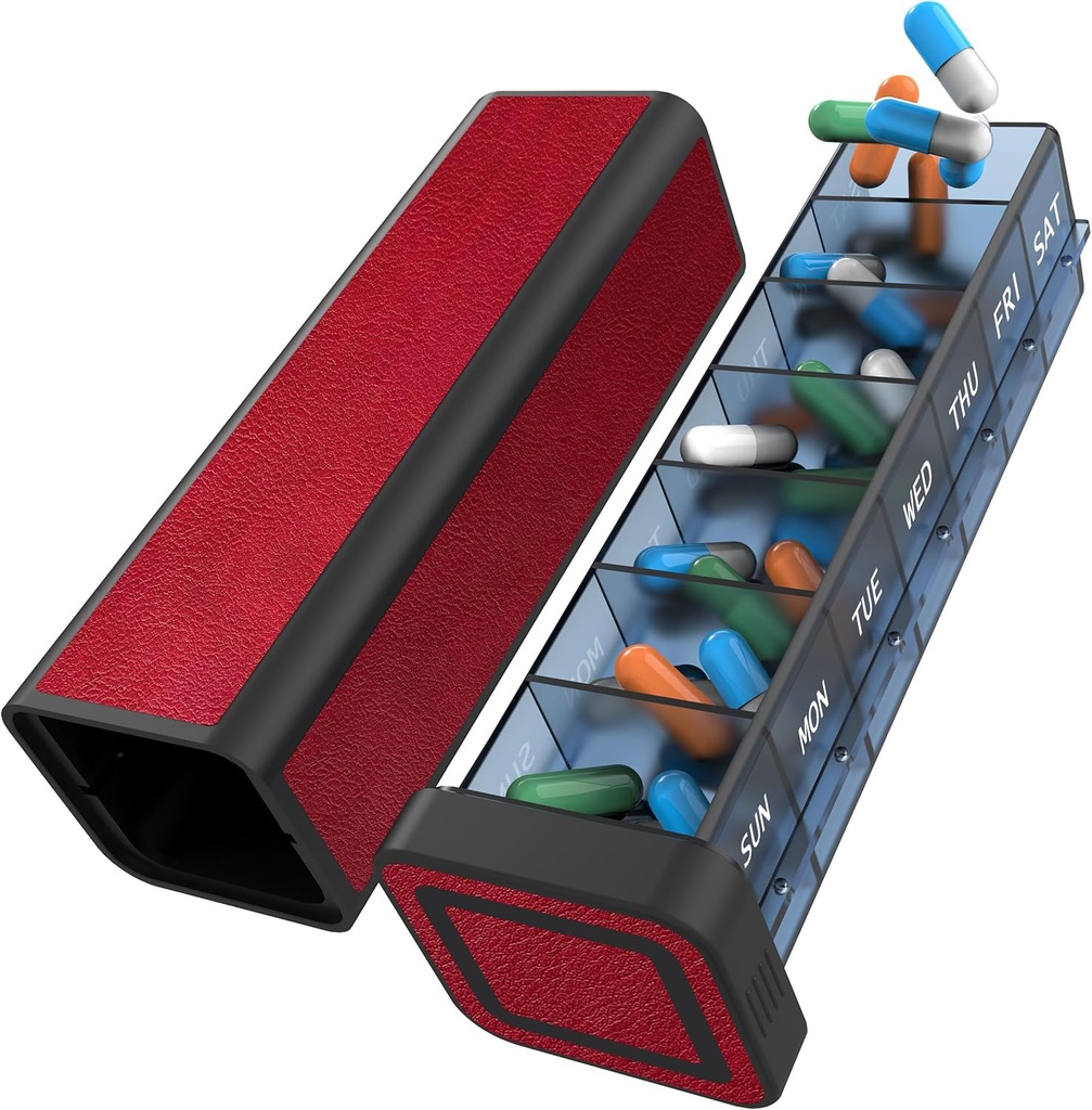 Organisateur de pilules 1 fois par jour, boîte à pilules 7 jours, cas de pilules de voyage hebdomadaires, contenant quotidien de grands médicaments, distributeur quotidien de pilules pour la vitamine, la médecine, les pilules, le supplément (rouge)