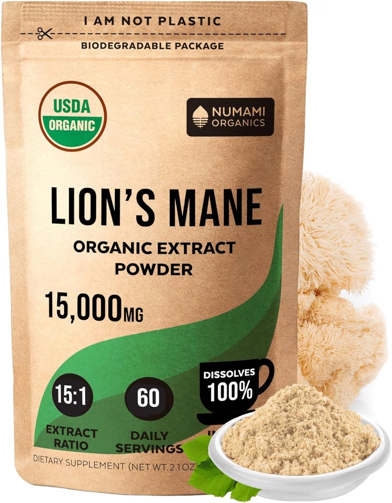 Numami Organic Lions Mane Mushroom Extract Powder (en anglais seulement) Double Extraction pour une puissance élevée (en anglais seulement) Dissolves facilement dans le café de thé quotidien ou le smoothie pour améliorer la fonction cognitive
