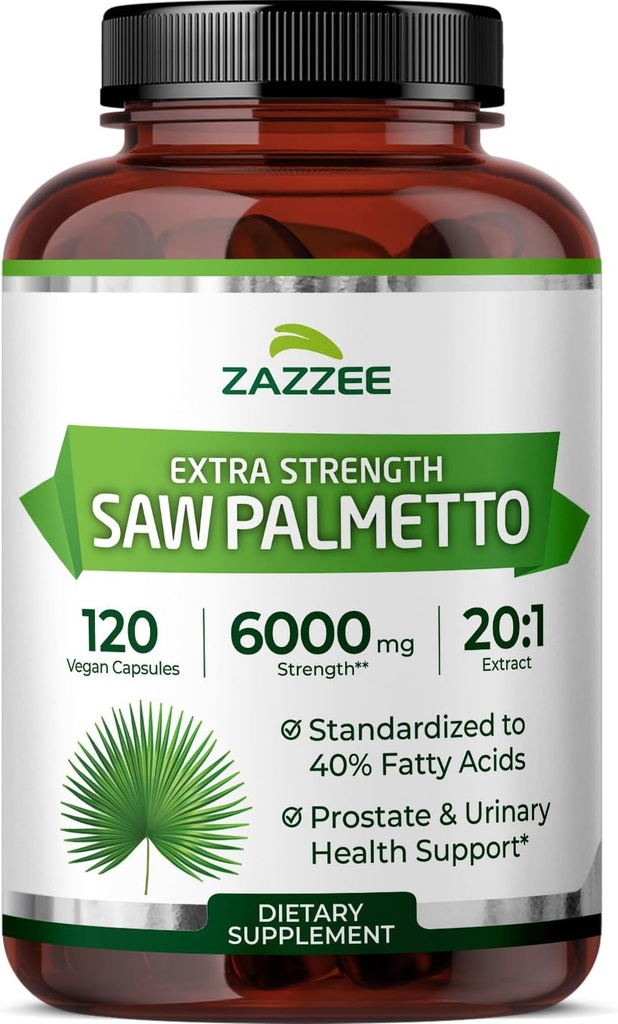 Zazzee Extra Strength Saw Palmetto 20:1 Extrait, 6000 mg Strength, 40% Acides gras, 120 Capsules végétaliennes, 4 mois d'approvisionnement, concentré et normalisé extrait 20X, non-OGM, tout naturel, fabriqué aux États-Unis