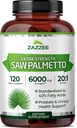 Zazzee Extra Strength Saw Palmetto 20:1 Extrait, 6000 mg Strength, 40% Acides gras, 120 Capsules végétaliennes, 4 mois d'approvisionnement, concentré et normalisé extrait 20X, non-OGM, tout naturel, fabriqué aux États-Unis