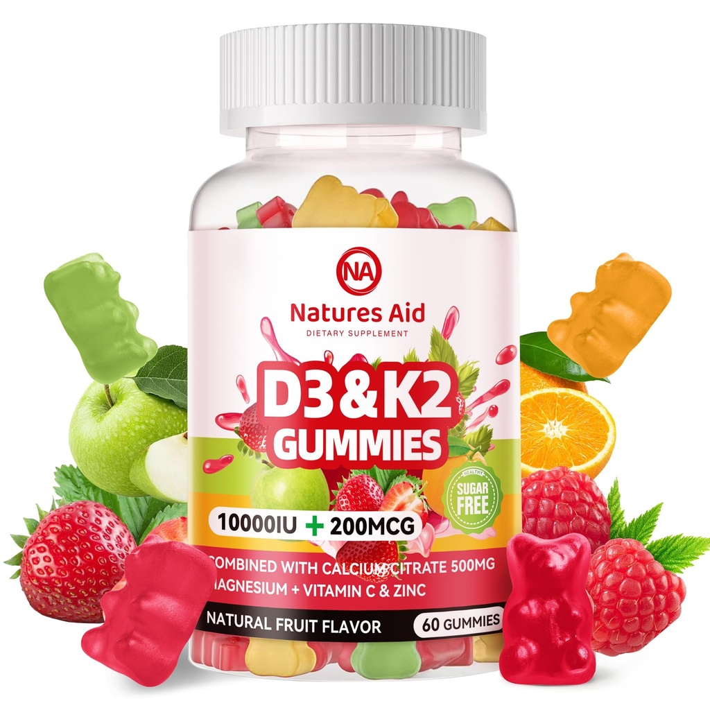 Natures aide la vitamine sans sucre D3 K2 Gummies avec Calcium + K2 (MK-7), Citrate de magnésium, Vitamine C, Extra Force - Absorption Ultime pour les dents osseuses, Vegan - 60 Gummies