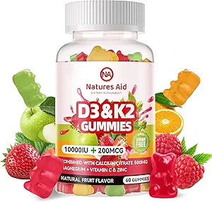 Natures aide la vitamine sans sucre D3 K2 Gummies avec Calcium + K2 (MK-7), Citrate de magnésium, Vitamine C, Extra Force - Absorption Ultime pour les dents osseuses, Vegan - 60 Gummies