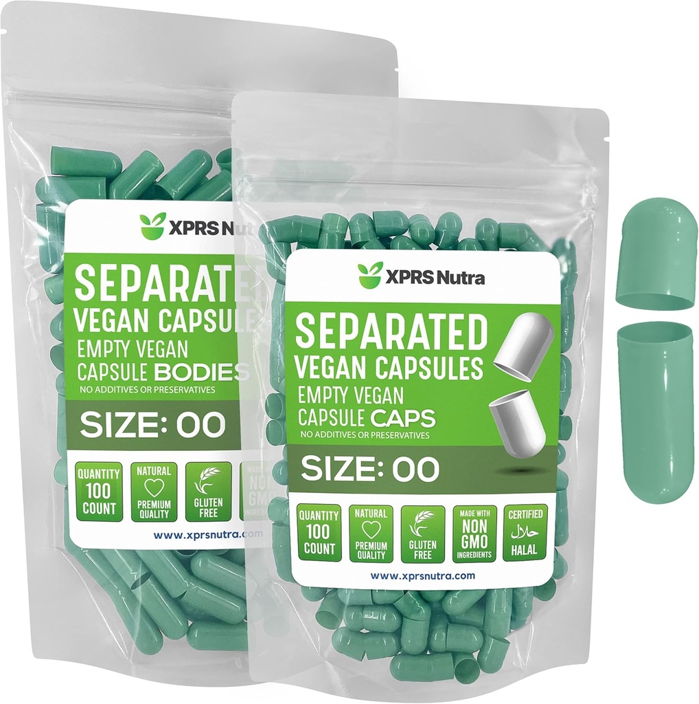 XPRS Nutra Vegan Taille 00 Capsules séparées - 100 Compte Capsules vides Premium Séparées dans des sacs - 00 Pills vides pour le remplissage de supplément de bricolage (vert-sage)