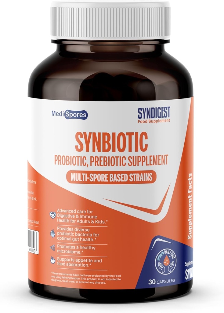 Syndigest probiotique soins quotidiens pour les femmes et les hommes avec double bénéfice de 5 souches probiotiques et prébiotiques, équilibrer la santé de l'intestin et soulage la constipation, voyage amical, 30 capsules (2 milliards d'UFC / service)