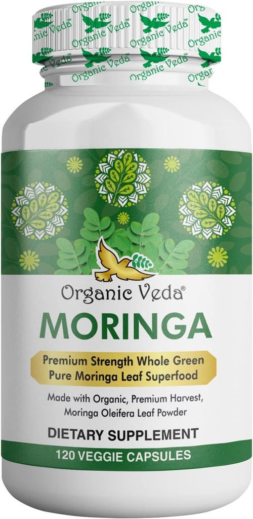 Organic Veda Moringa Leaf Capsules 1000mg, 120 Compte - Pure Raw Moringa Oleifera Poudre Feuilles entières Super supplément alimentaire vert - stimule l'énergie, la santé, le bien-être et les antioxydants Riche