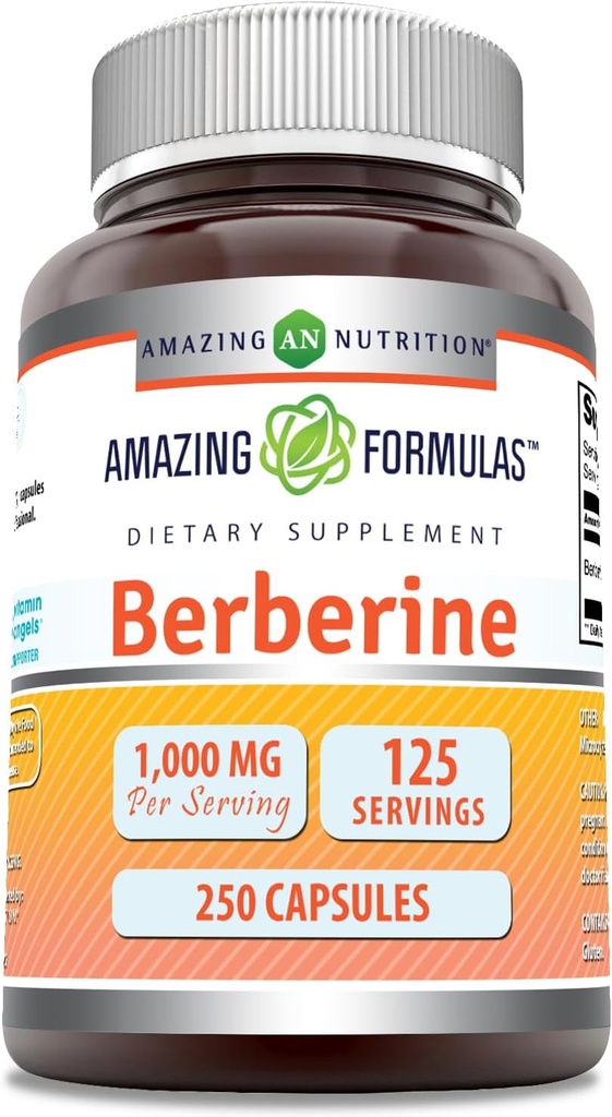 Formules étonnantes Berberine 1000mg par portion 250 Capsules Supplément.