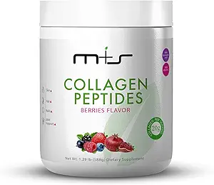 M+S Peptides de collagène en poudre avec vitamine C et acide hyaluronique, améliore l'élasticité, les cheveux, la peau, les ongles et les articulations – sans sucre, 1,29 Lb (Berries Flavor)