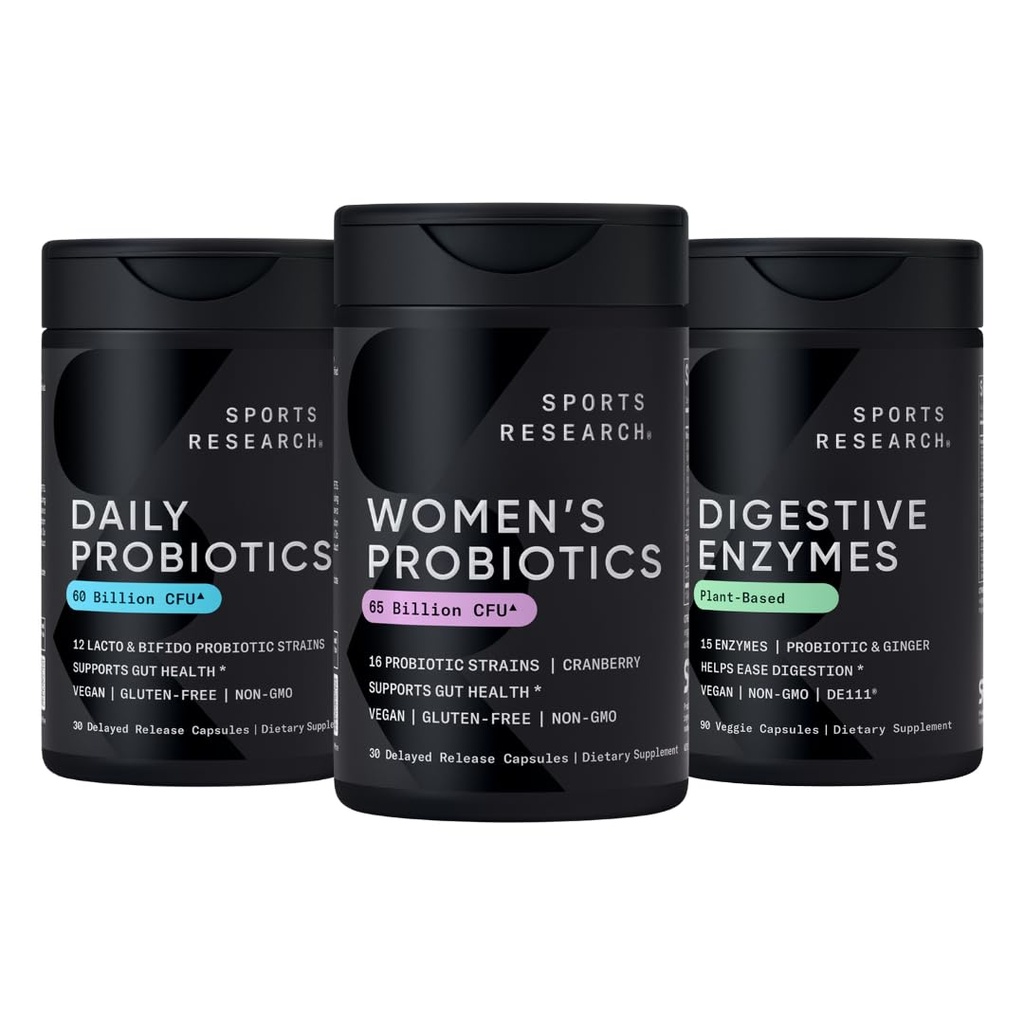 Recherche sportive Tous les végétaliens : probiotiques quotidiens avec prébiotiques (60 milliards d'UFC), enzymes digestives avec probiotiques et gingembre (à base de plantes) et probiotiques pour femmes avec prébiotiques (65 milliards d'UFC)