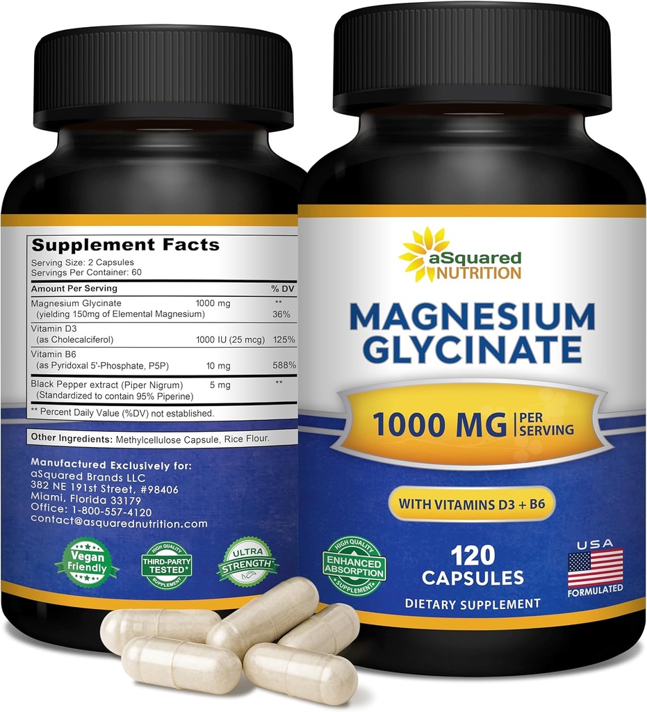 Glycinat de magnésium 1000mg avec vitamine D3 et B6-500mg par gélule - Complexe de supplément de Mag élémentaire pur pour le sommeil, le muscle, la santé osseuse - Remplacer les gommes, les comprimés et la poudre - 120 capsules