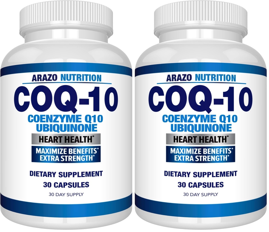 Arazo Nutrition CoQ10 Ubiquinone Coenzyme Q10-200mg Maximum Strength Nutritional Supplement - High Absorption Capsules with No Soy (Pack of 2)