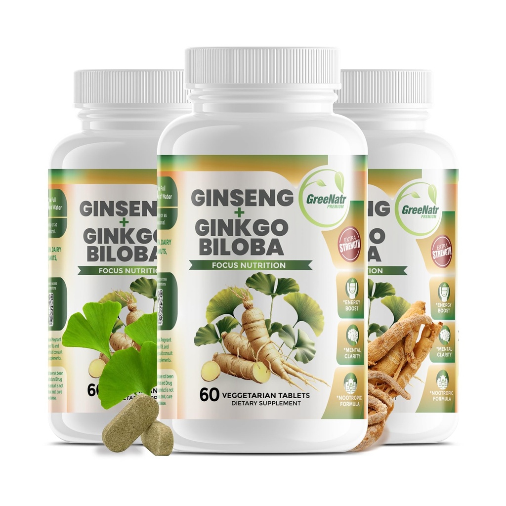 GreeNatr Ginko Biloba & Panax Supplément Ginseng - Supplément Cerveau Ginseng Rouge pour Mémoire et Focus - Ginkgo Biloba Suppléments pour une bonne vision, système immunitaire et amélioration du flux sanguin - 3 bouteilles
