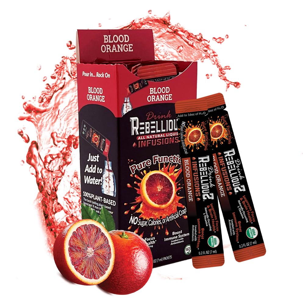 Rebellious Blood Orange Organic Drink Mix – Organic Zero Calorie Energy Drink Mix | Monk Fruit & Green Tea Extract | L-Theanine + Natural Caffeine | 100% Plant-Based | Pack of 10 | Keto,Gluten-Free