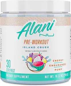 Alani Nu Pre Workout Powder Island Crush, Amino Energy Boost, Supplément d'endurance, sans sucre, 200 mg de caféine, L-Theanine, Beta-Alanine, L-Citrulline, 30 portions