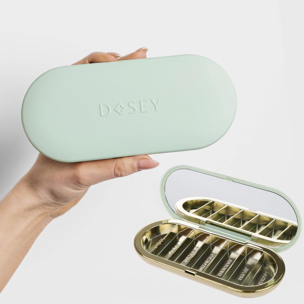 Dosey 7 Day Pill Compact Travel Pill Organizer - Pill Case with 7 Pill Compartments for Medicine Storage & Protection – Stylish & Elegant Medication Organizer with Mirror, Sage