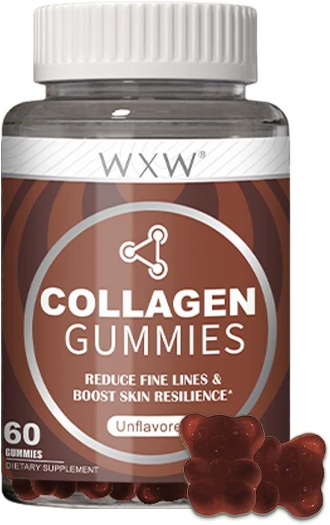 WXW Hydrolyzed Collagen Peptides Gummies pour femmes, formule anti-âge non-OGM avec biotine, zinc, vitamines C & E pour les cheveux, la peau et les ongles