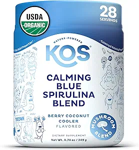 KOS Calming Blue Spirulina Blend- USDA Certified Organic - Algae Superfood Powder with Ashwagandha Root, Lemon Balm, Reishi Mushroom, B Vitamins - Berry Coconut Cooler Flavor, 28 Servings