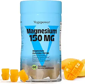 Citrate de magnésium végétalien Gommies, 150mg Gommies de magnésium pour adultes et enfants, supplément de magnésium calme à haute absorption pour le sommeil, la relaxation musculaire, la santé des nerfs et des os, sans gluten, sans OGM, 60 Gommies