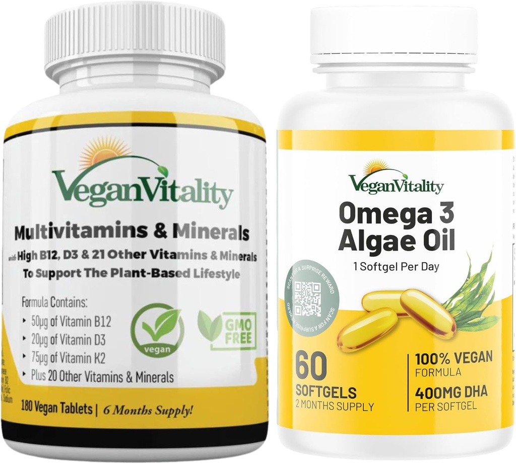 Vegan Vitality Immunity Booster Bundle 6 mois - Vegan Multivitamins et Vegan Omega 3 Huile d'algues. Formule à base de plantes haute résistance pour l'immunité, l'énergie Santé globale pour les végétaliens et les végétariens