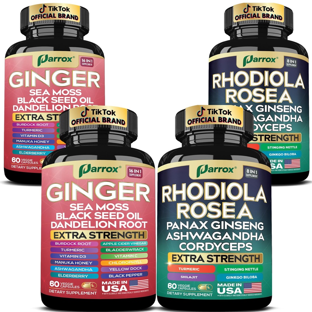 Ginger & Rhodiola Rosea Bundle, Sea Moss, Dynamic Duo Herbal Set, 2 Pack | Sea Moss, Ashwagandha, Black Seed Oil, Panax Ginseng, Turmeric, Dandelion, Cordyceps, Ginkgo, ACV, Elderberry