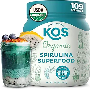 KOS USDA Poudre de spiruline biologique, goût naturel - 100% pur, non irradiée Poudre de spiruline vert végétalien, base végétale - riche en protéines, vitamines, antioxydants et fibre, 60 portions Sac