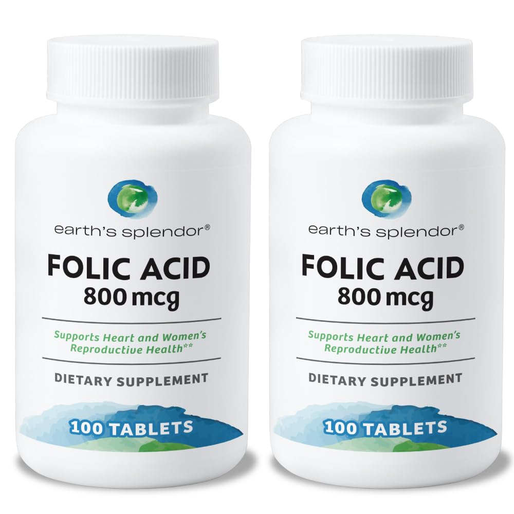Supplément de 800 mcg à l'acide folique Splendor de la Terre, soutient la santé cardiaque, soutient la santé reproductive des femmes, comprimés enduits lisses (800 mcg, 200 comprimés, paquet de 2)