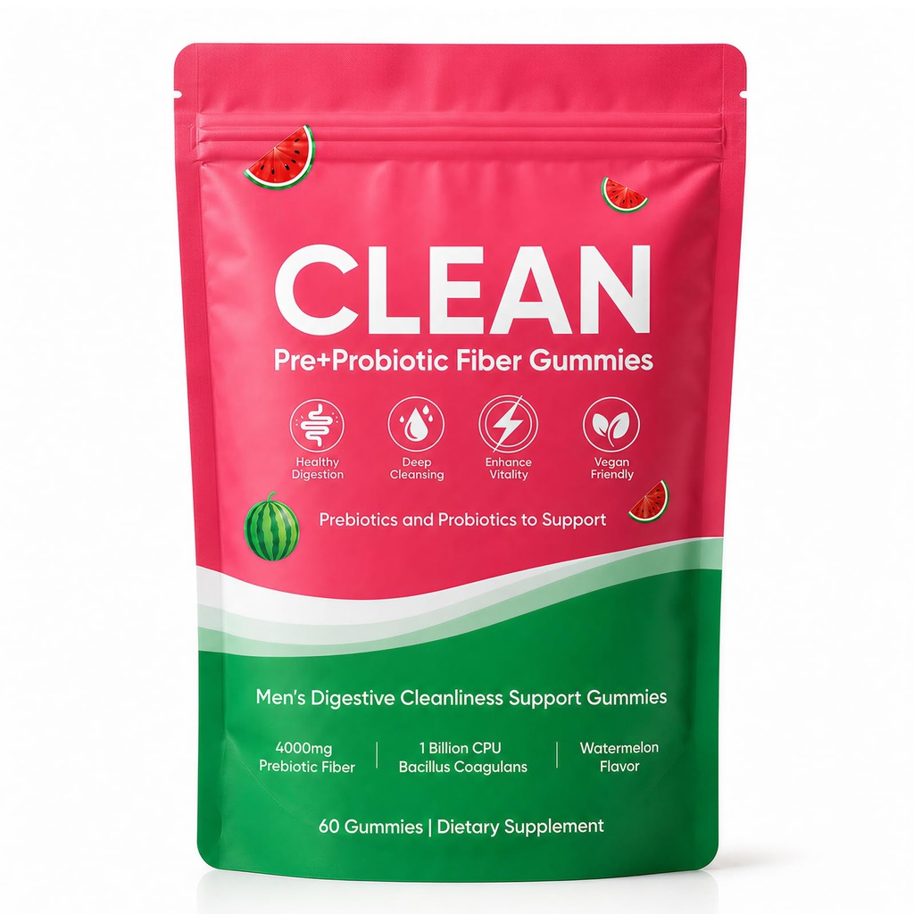 Clean Prebiotic Fiber Gummies for Men, Watermelon Flavor, Sugar-Free Pre+Probiotic Fiber Gummies, Supports Complete Clean, Digestive & Gut Health, Gluten Free, Gelatin Free, 60 Count