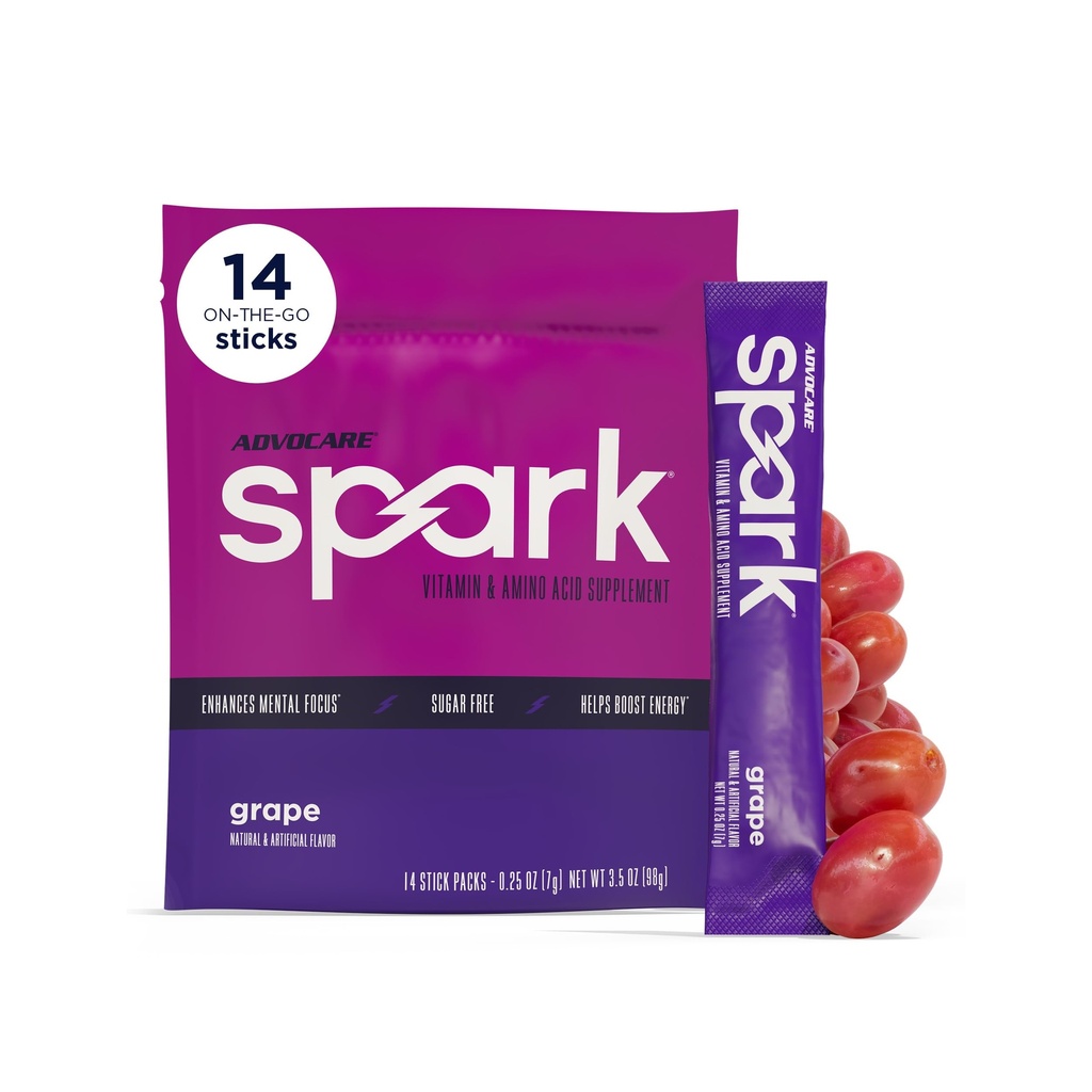 AdvoCare Spark Vitamine & Amino Acid Supplement - Focus & Energy Drink Powder Mix avec vitamine A, B-6, C & E - Comprend également L-Carnitine & L-Tyrosine - Raisin, 14 Stick Packs