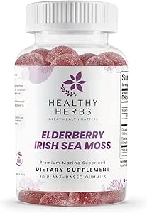 Herbes saines Gummées de mousse de mer biologique - Concentré 2100mg Mélange de mousse de mer d'Irlande + Elderberry Essentials - Formulation quotidienne avancée faite avec Gummy extrait de pomme (30 comte)