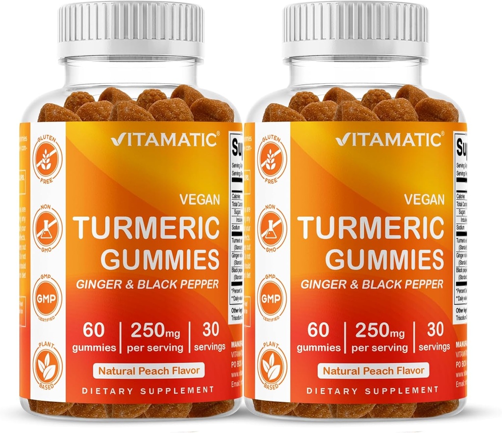Vitamatic Turmeric Gummy with Ginger & Black Pepper Extract – 60 Vegan Gummies Each | 2 Pack (120 Gummies) 95% Curcuminoids – Powerful Antioxidant & Inflammatory Support