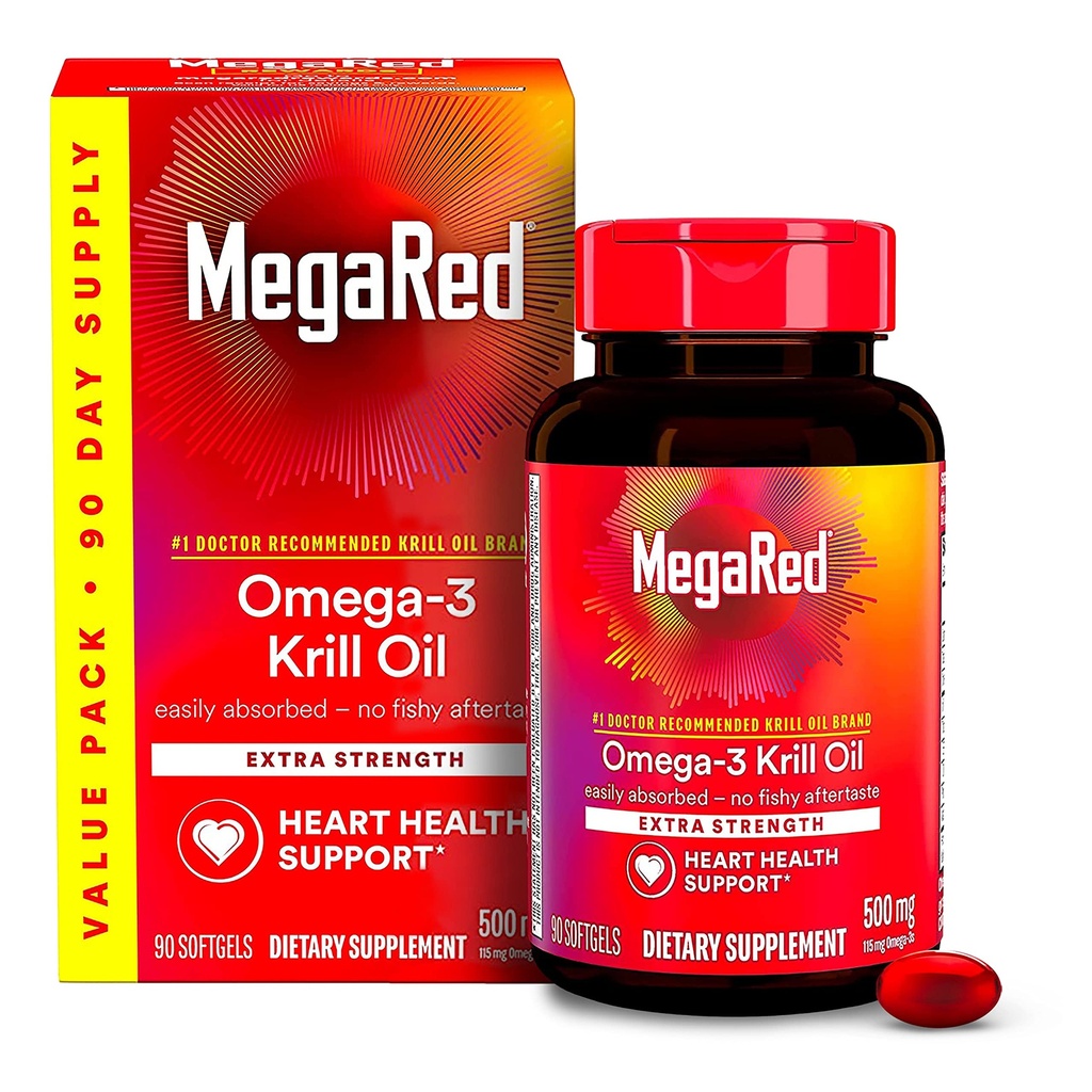 MegaRed Antarctic Krill Oil 500mg Omega 3 Fatty Acid Supplement, Extra Strength EPA & DHA Krill Oil Softgels (90cnt Box), Astaxanthine, supplément santé cardiaque sans post-goût d'huile de poisson