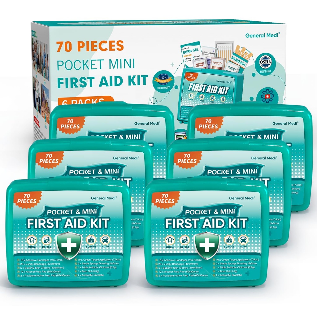 General Medi 420 Piece First Aid Kit, 6 Individual Boxes of 70 Items Each - Contains Premium Medical Supplies for Travel, Home, Office, Vehicle, Camping, Workplace & Outdoor (420 pcs, 6 Pack)