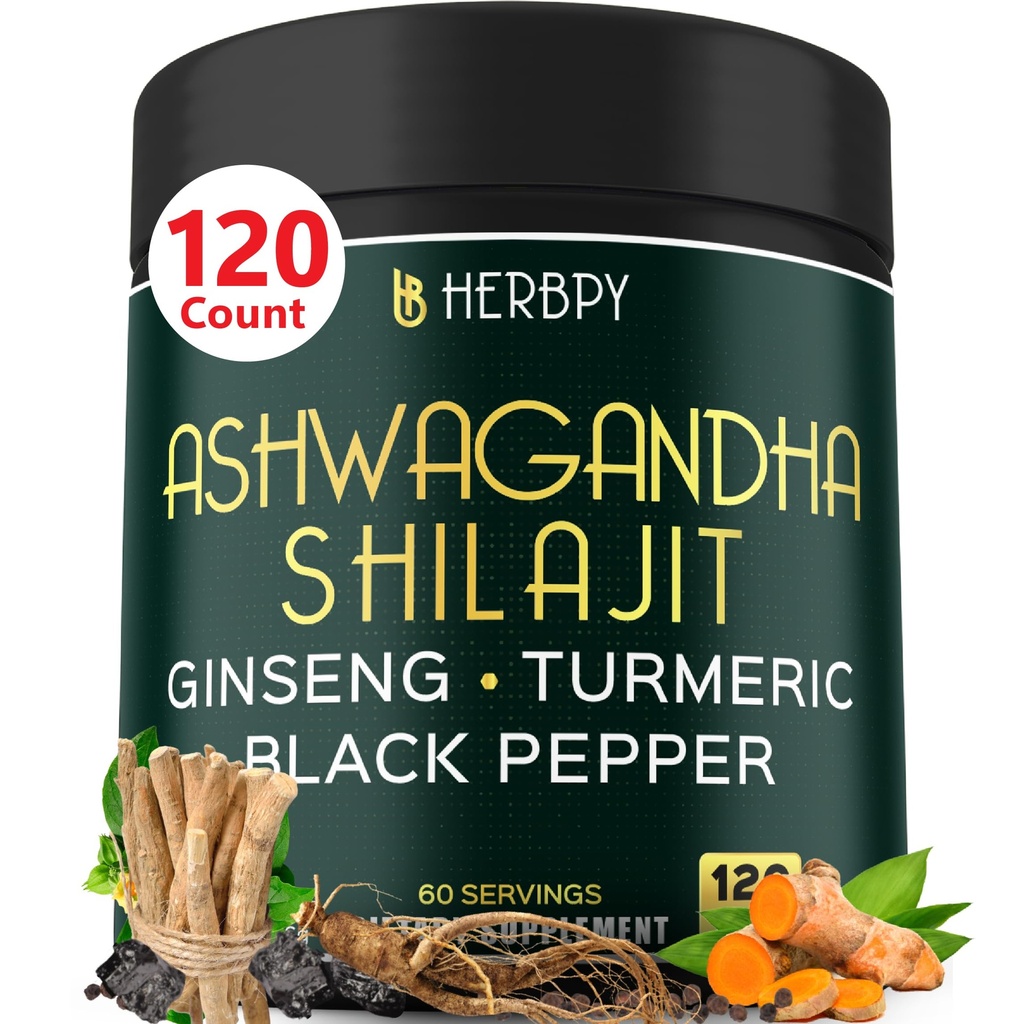 5en1 Ashwagandha Extra Strength avec Shilajit pour le soutien de l'endurance, de l'énergie et de la relaxation - Plus Ginseng, racine Turmère et poivre noir - 120 comte