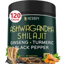 5en1 Ashwagandha Extra Strength avec Shilajit pour le soutien de l'endurance, de l'énergie et de la relaxation - Plus Ginseng, racine Turmère et poivre noir - 120 comte