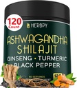 5en1 Ashwagandha Extra Strength avec Shilajit pour le soutien de l'endurance, de l'énergie et de la relaxation - Plus Ginseng, racine Turmère et poivre noir - 120 comte