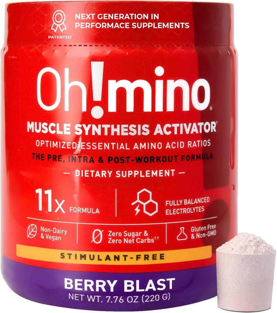 Oh!mino Essential Amino Acids Supplement. Berry Blast, Stimulant-Free Powder. All 9 EAAs, BCAAs and The Perfect Amino for Workouts, Amino Energy, and to Build Muscle, and Recover Faster.