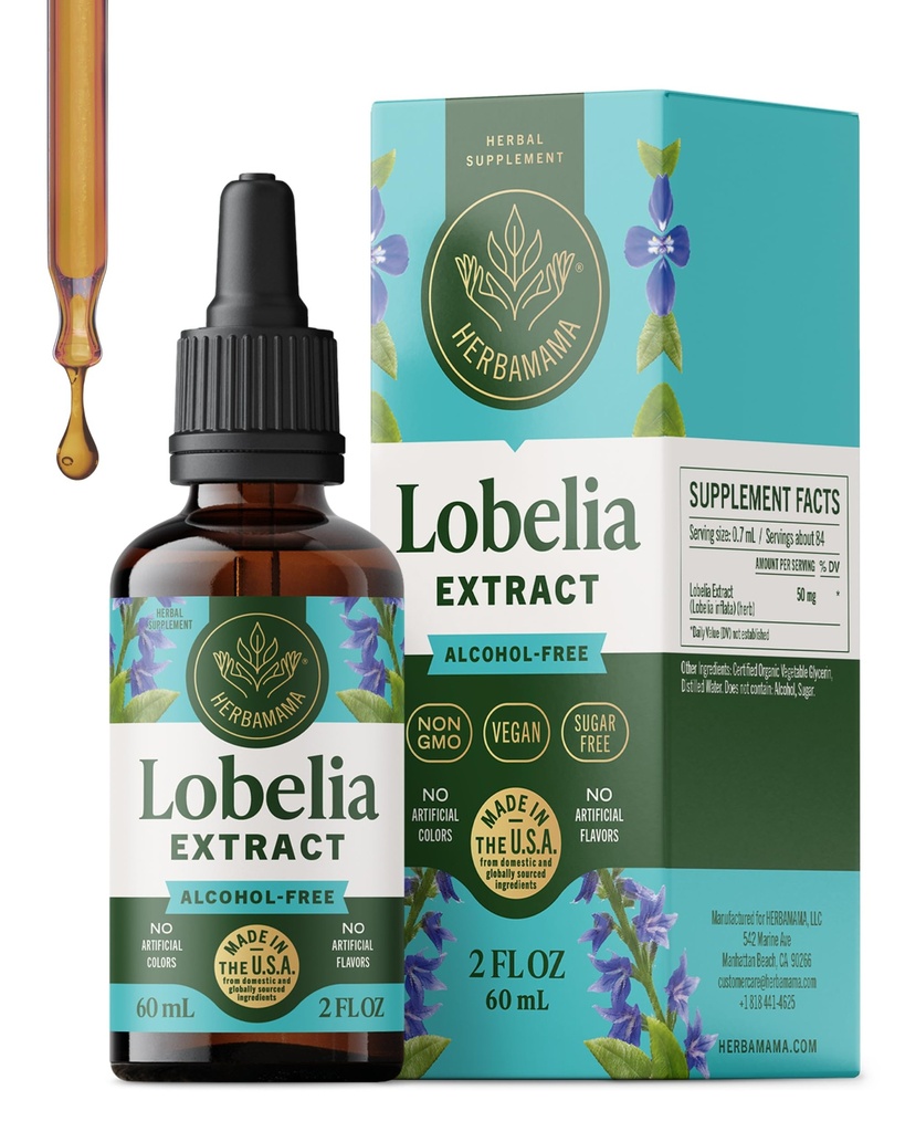 Teinture de lobelia HERBAMAMA - Extrait de feuille de lobelia végane pour désintoxication pulmonaire et nettoyage - gouttes de soutien respiratoire pulmonaire - Supplément de soutien respiratoire sans OGM, sans alcool et sans sucre