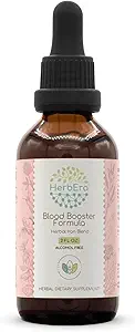 HerbEra Blood Booster Formula B60 Teinture d'extrait sans alcool: Feuille de nervure, Feuille de dandelion, Épinards, Spiruline, Alfalfa, Racine de quai jaune, Mélange de fer à base de plantes 2 Fl Oz