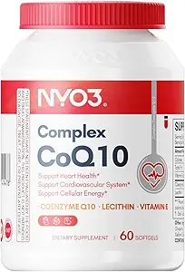 NYO3 CoQ10 120mg avec BioPerine (poivre noir), Coenzyme Q10 avec des vitamines E, Ultra haute absorption antioxydant support pour la santé cardiaque, sans gluten, 30 jours d'approvisionnement