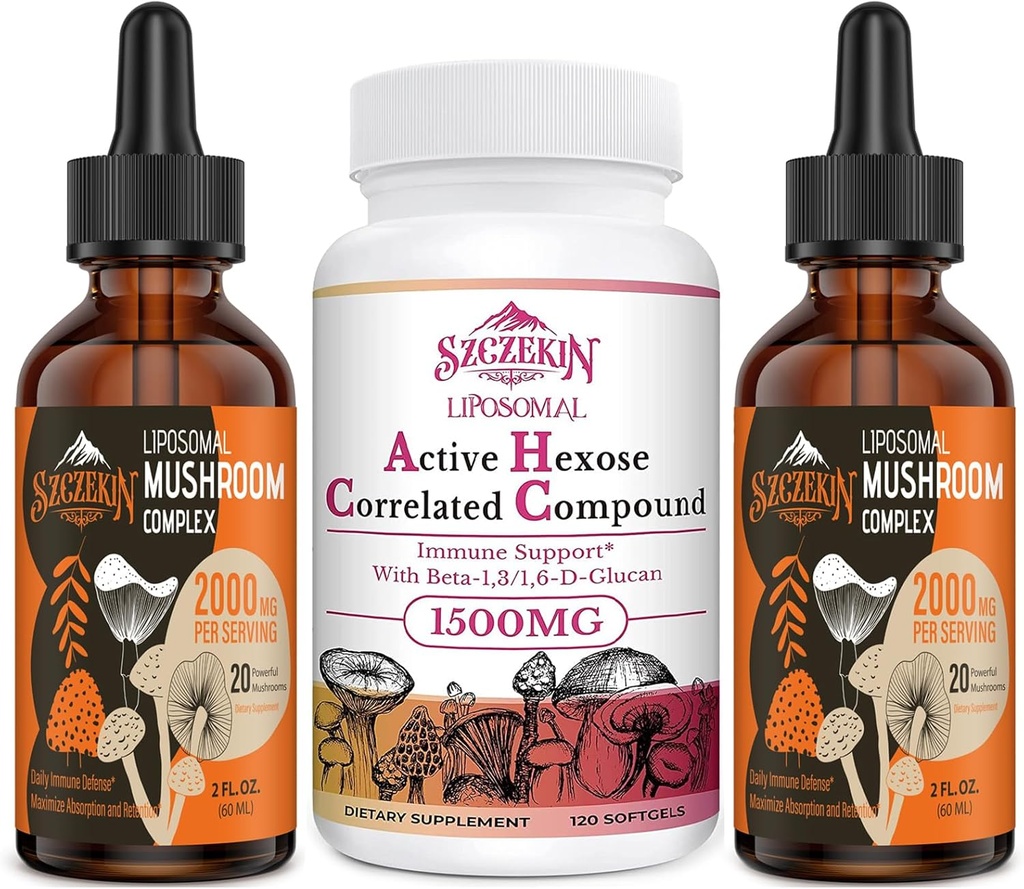 1500 MG Liposomal Active Hexose Supplément corrélé 120 SoftGels Bundle avec 2000 MG complexe de champignons Liposomal gouttes 60 portions