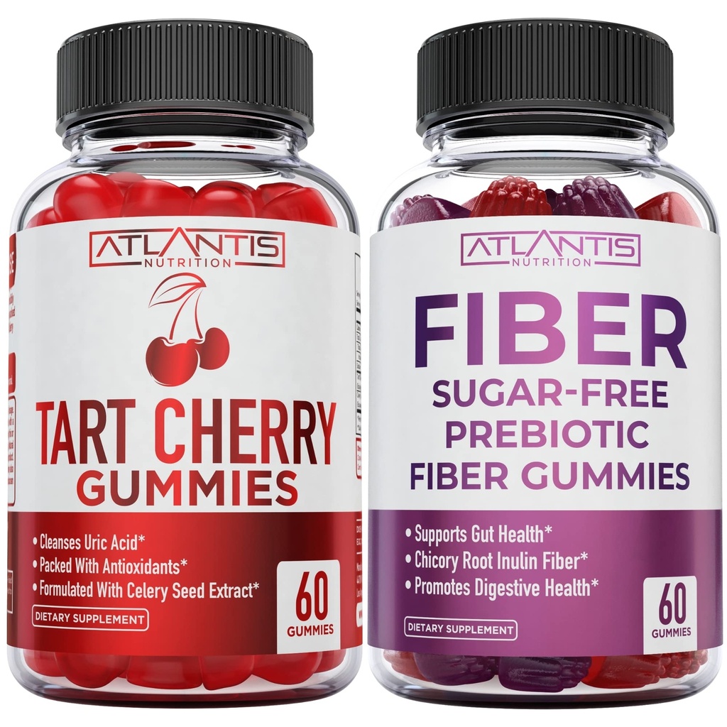 Atlantis Nutrition Tart Cherry 60 Gommies + Gommies de fibres prébiotiques sans sucre pour adultes 2-pack (120 Gommies)