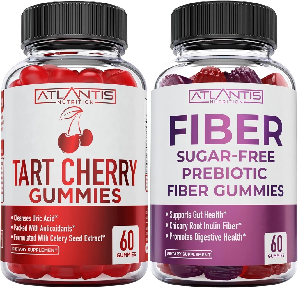 Atlantis Nutrition Tart Cherry 60 Gommies + Gommies de fibres prébiotiques sans sucre pour adultes 2-pack (120 Gommies)