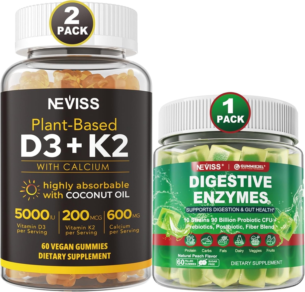NEVISS Vitamine D3 5000iu & K2, Gommies de calcium et enzymes digestives Gommies