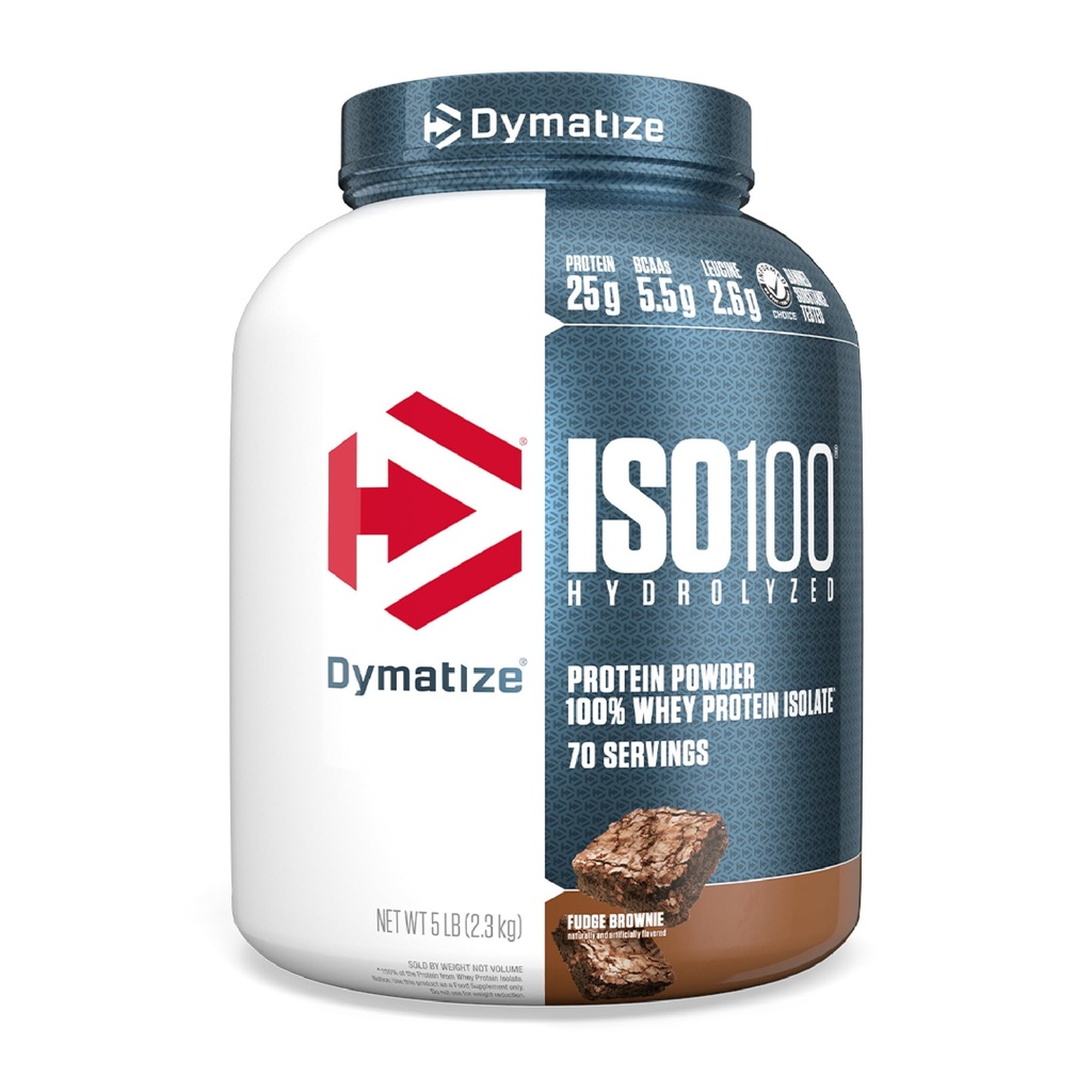 Dymatiser ISO100 Poudre de protéines de lactosérum isolate, Fudge Brownie, 25g de protéines, 5 livres, 5,5g BCAA, moins de 120 Cal., sans gluten, 1g de gras, 1g de sucre, 2g de glucides (70 portions)
