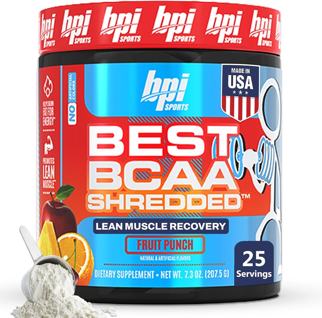 BPI Sports Best BCAA Shredded - Caffeine Free Thermogenic Recovery Drink, Lean Muscle Building BCAA Powder for Women and Men, Preworkout BCAAs Amino Acids Drink- Fruit Punch - 25 Servings