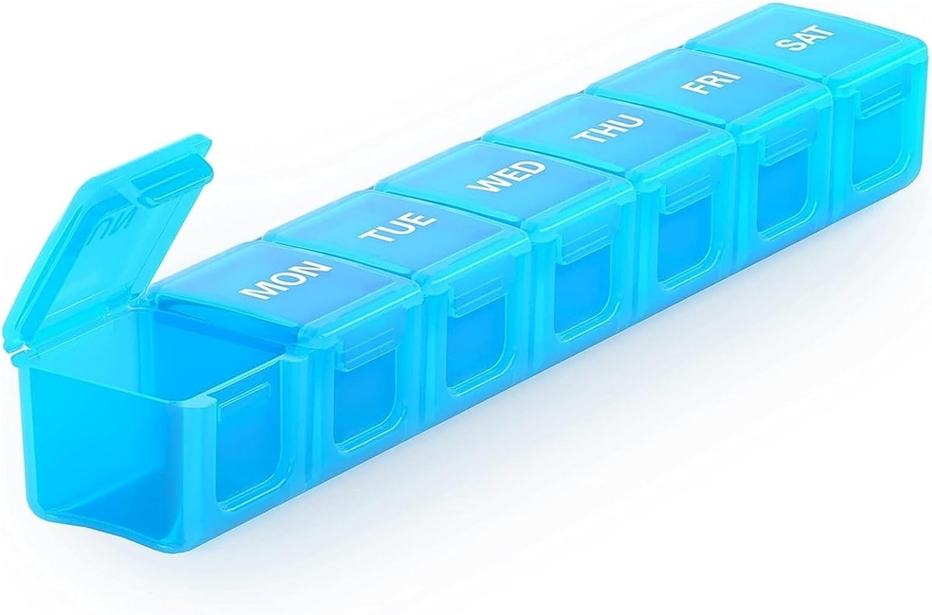 Sukuos Extra Large Weekly Pill Organizer, 7 Jours Daily Pill Box Case Arthritis Friendly, Silkscreen Imprimed Medicine Container with Clear Crid for Vitamines, Fish Oils or Supplements (Blue)