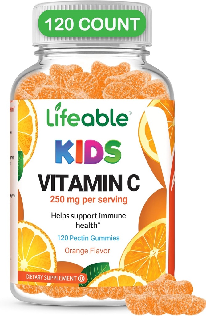 Gummées de vitamine C pour enfants - Sans végane, sans OGM et sans gluten - Grande dégustation de Pectines oranges - Supplément alimentaire pour enfants - 250 mg de vitamine C - 120 gelées [60 doses]
